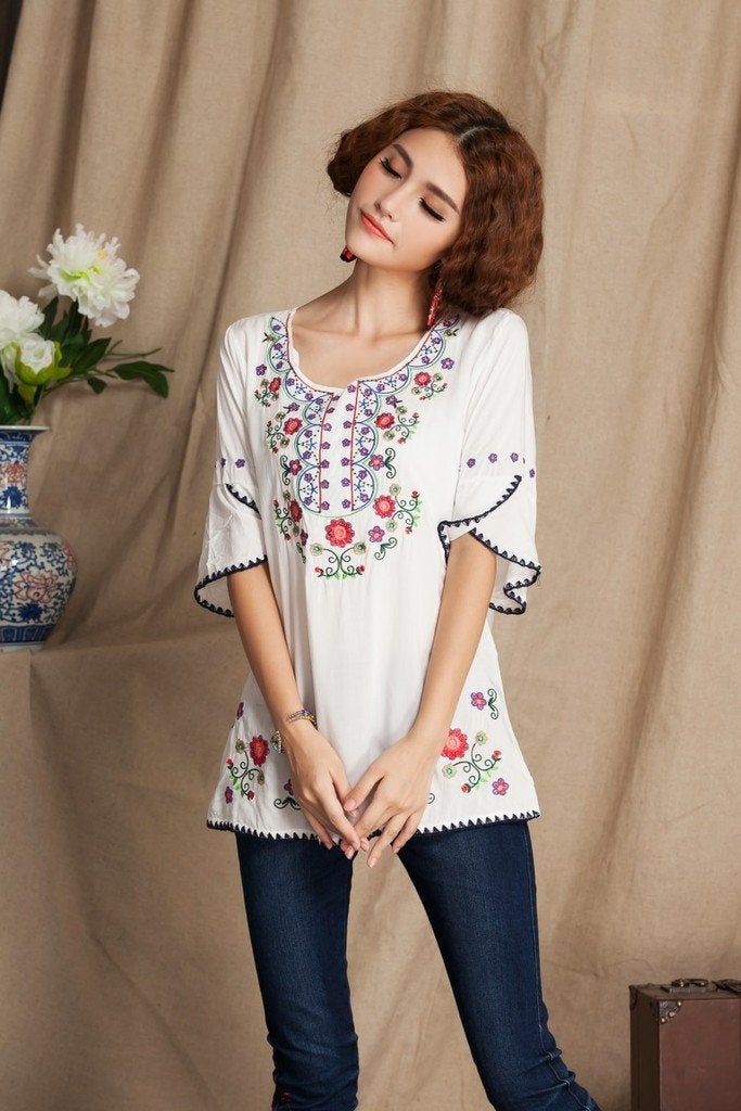 Ashir Aley Bell Sleeve Womens Boho Tops 3/4 Sleeve Embroidered Cotton Peasant Tops Mexican Bohemian Shirts Blouses (M,White) - Image 2